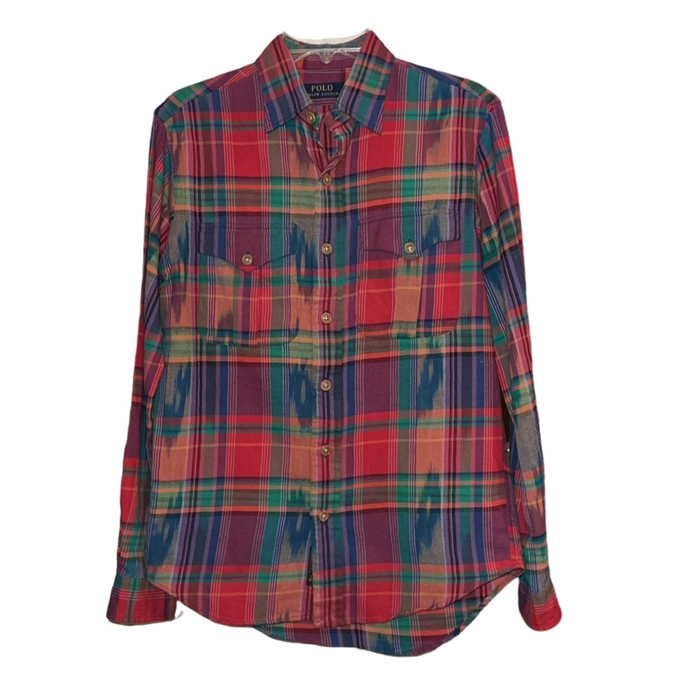 Polo Ralph Lauren Plaid Tribal Aztec Button Down Shirt Small Red Green Blue